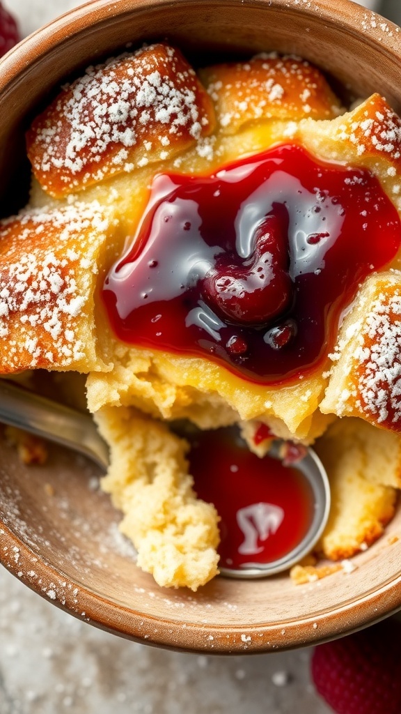 A bowl of bread pudding with jam, dusted with powdered sugar, and garnished with fresh berries.